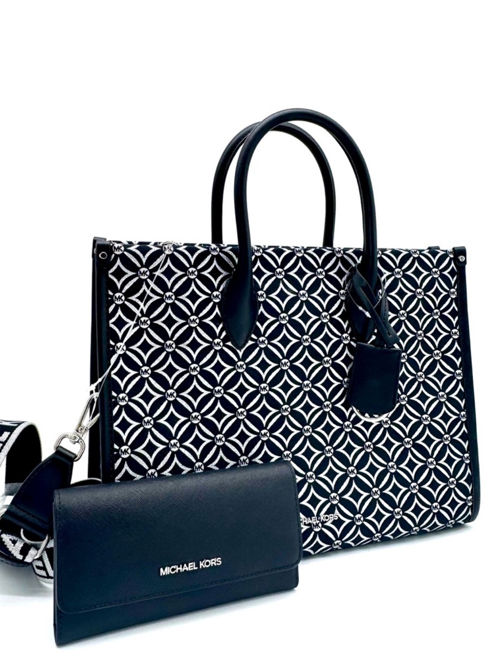Michael Kors Medium Mirella Tote Bag & Large Trifold Wallet - Black /Silver